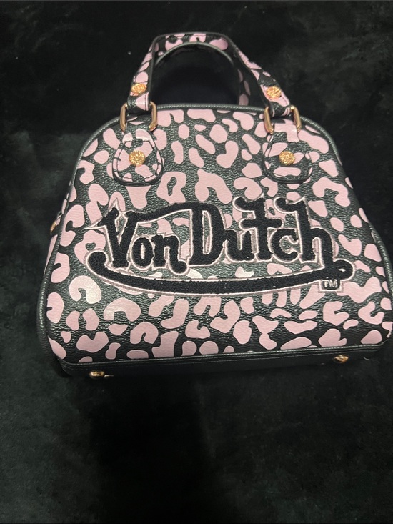 Von Dutch Handbags - Von Dutch Black and Pink Leopard Dome Crossbody Satchel